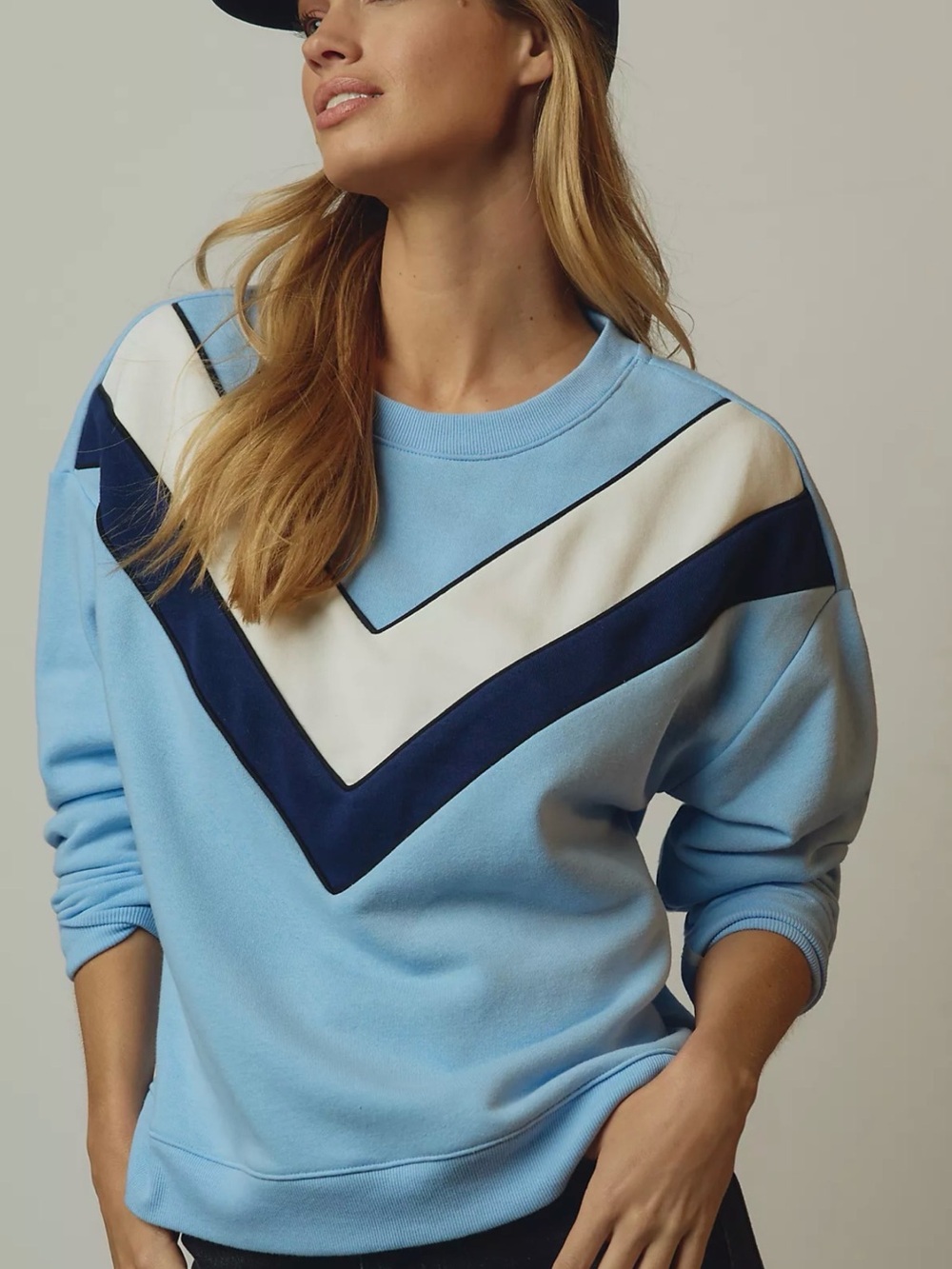 Anthropologie Maeve V-Striped Crew Neck Sweatshirt‎ blue Sz L